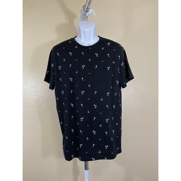Men's H&M Palm Tree Print T-shirt Navy Blue Shirt 100% Cotton Size Large - Picture 1 of 8